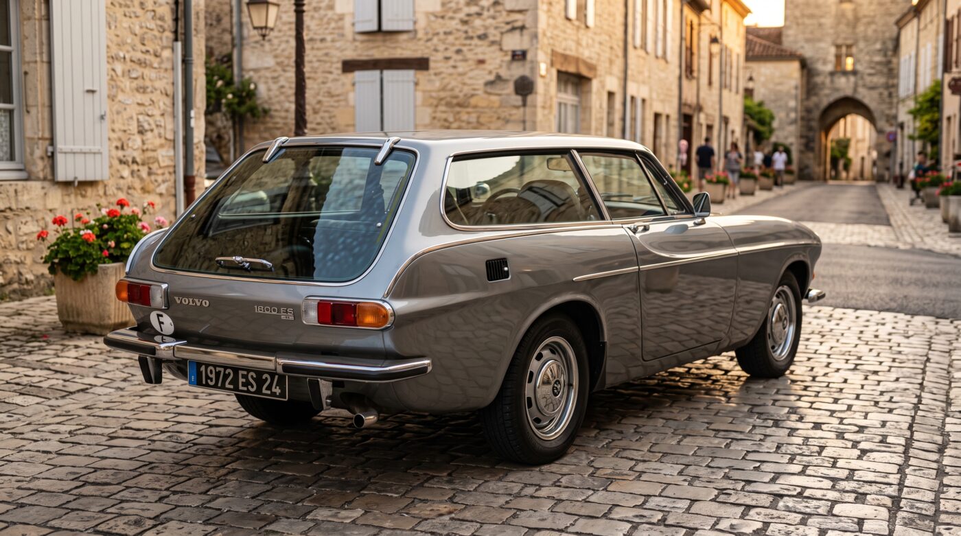 Volvo 1800 ES 1972 gris vue de trois quarts arrière mettant en valeur le hayon vitré.