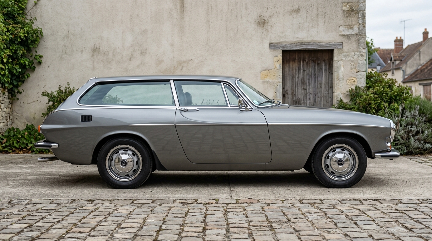 Volvo 1800 ES 1972 gris vue de profil montrant la silhouette break de chasse.