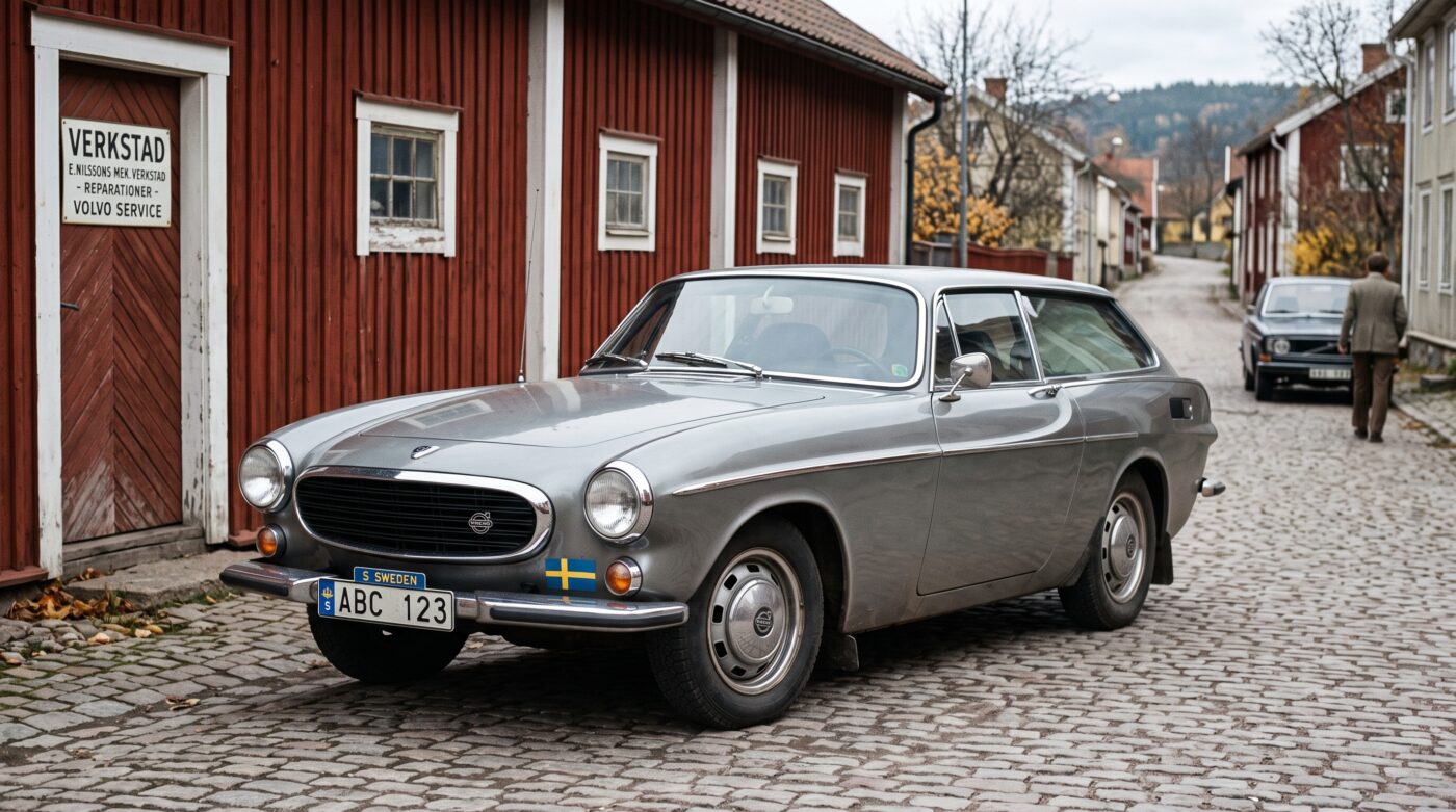 Volvo 1800 ES 1972 gris dans une ambiance garage historique pour illustrer son passé.