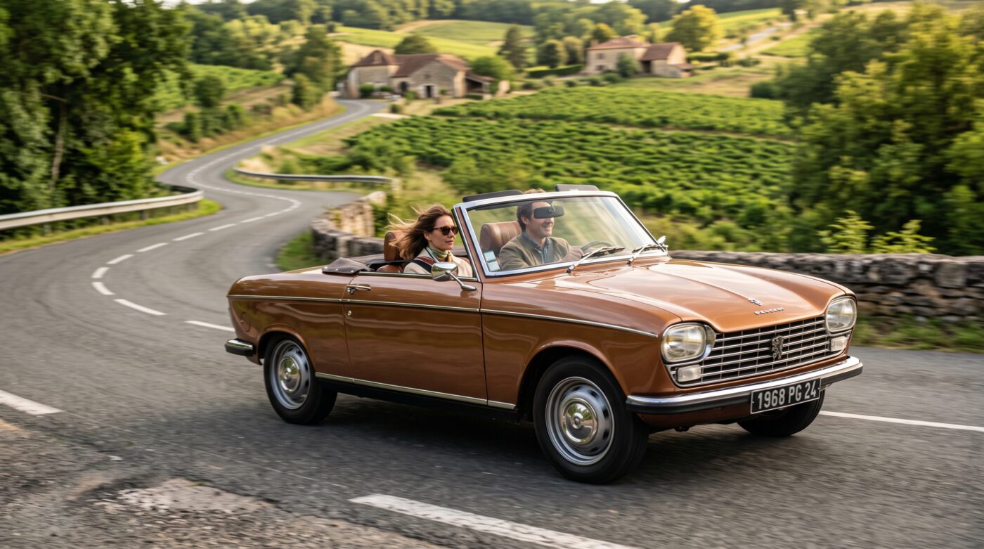 Peugeot 204 Cabriolet marron en plein essai routier sur une route de campagne française.