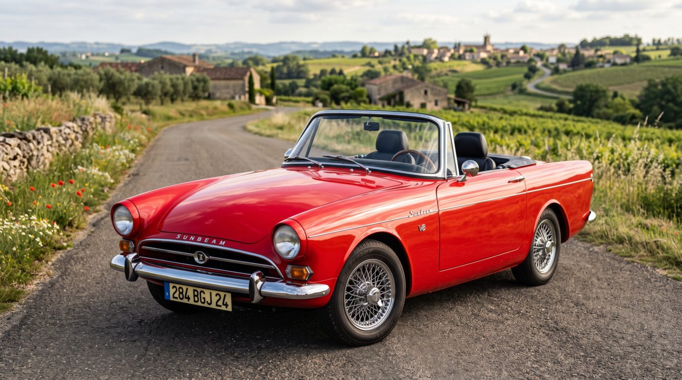 Sunbeam Tiger 1964 rouge en vue de trois quarts avant stationnée sur une route pittoresque française.