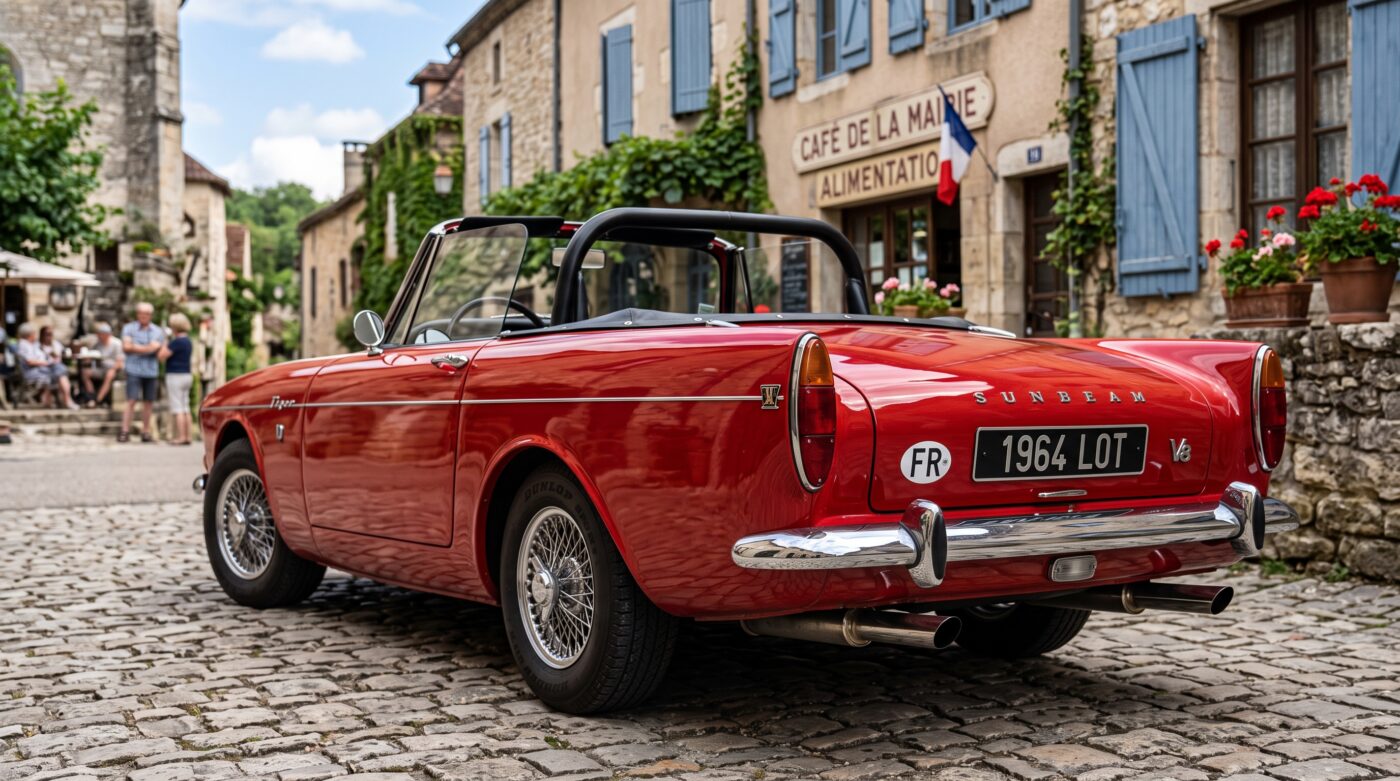 Vue de trois quarts arrière d'une Sunbeam Tiger 1964 rouge montrant ses lignes classiques et ses feux arrière.