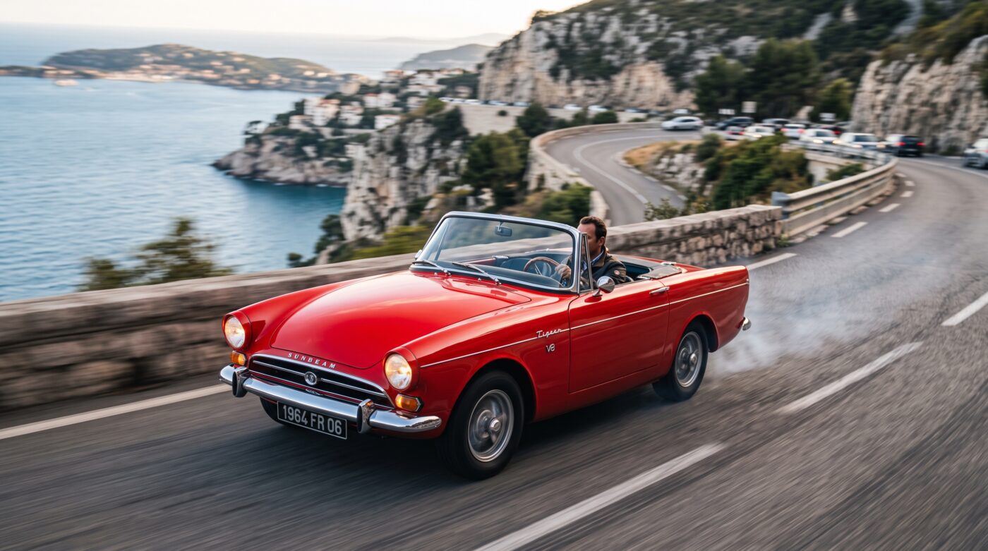 Sunbeam Tiger 1964 rouge en essai routier sur une route sinueuse, capturant le dynamisme du modèle.
