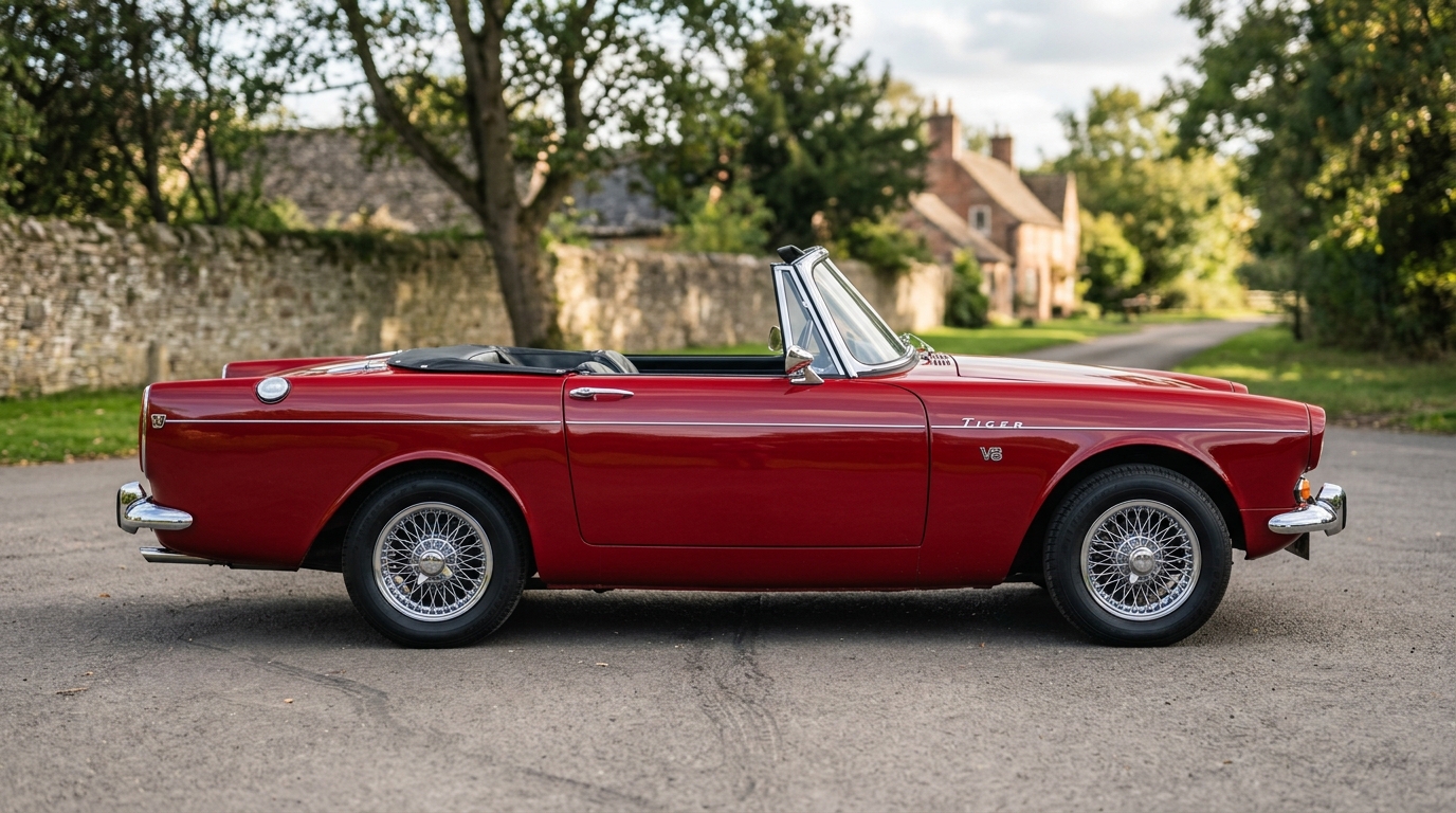 Profil latéral d'une Sunbeam Tiger 1964 rouge soulignant la silhouette élégante du roadster britannique.