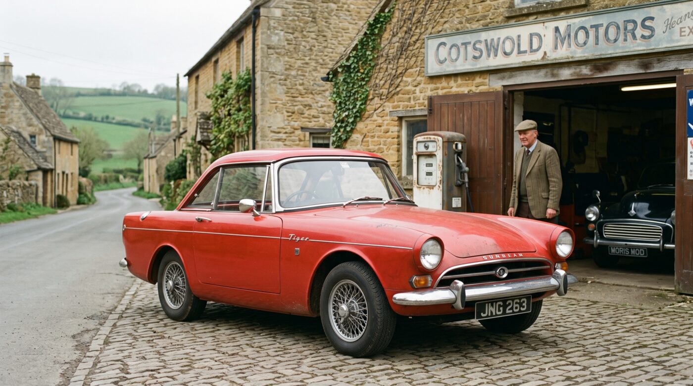 Sunbeam Tiger 1964 rouge mise en scène dans une ambiance historique rappelant son héritage automobile.