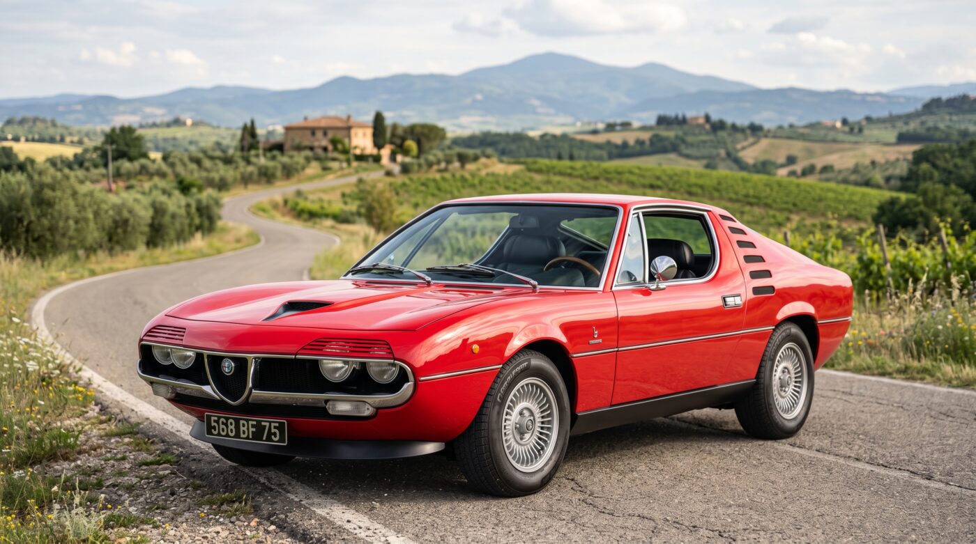 Alfa Romeo Montreal : vue avant Vue de trois quarts avant d'une Alfa Romeo Montreal rouge de 1972 garée dans un décor naturel italien.