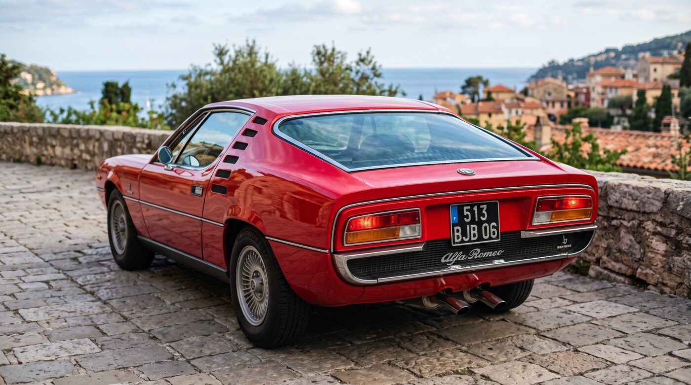 Alfa Romeo Montreal : vue arrière Vue de trois quarts arrière d'une Alfa Romeo Montreal rouge mettant en valeur ses lignes sportives.