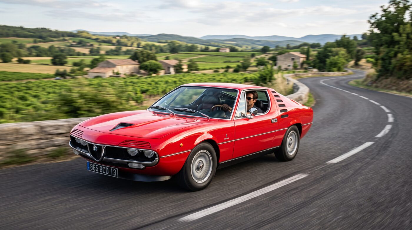 Alfa Romeo Montreal : essai routier Alfa Romeo Montreal rouge en plein essai routier sur une route de campagne sinueuse.