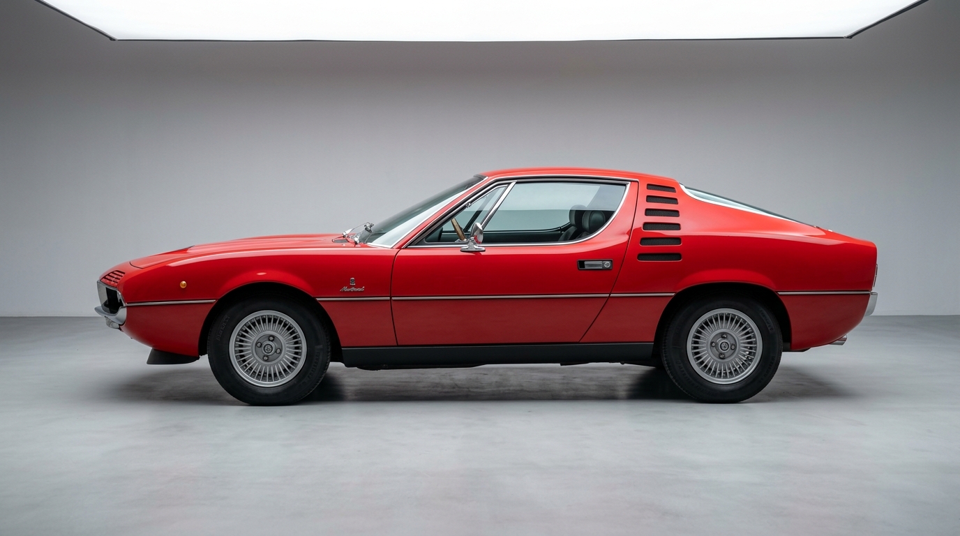 Alfa Romeo Montreal : profil Vue de profil d'une Alfa Romeo Montreal rouge présentant le design élégant de Marcello Gandini.