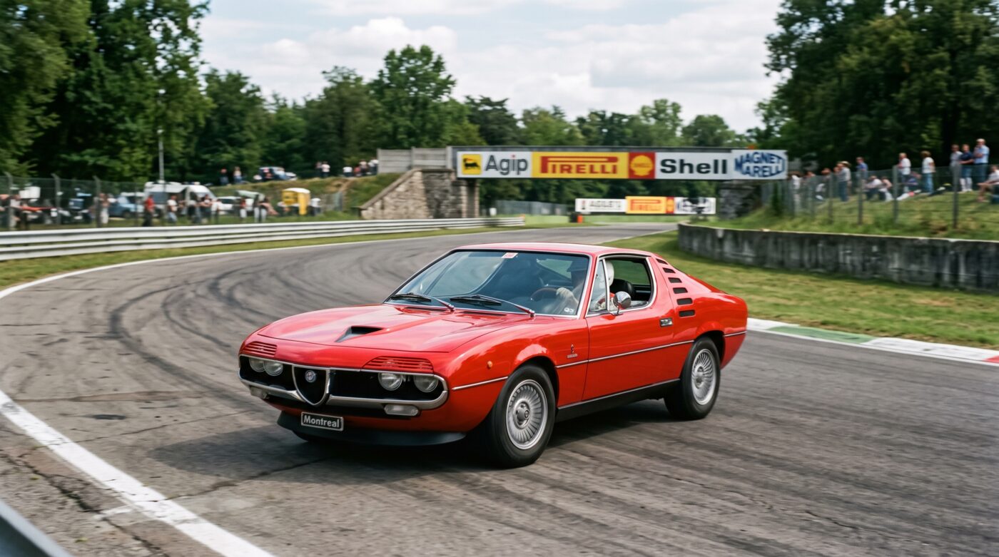 Alfa Romeo Montreal : historique Image d'archive d'une Alfa Romeo Montreal sur circuit rappelant son héritage sportif des années 70.