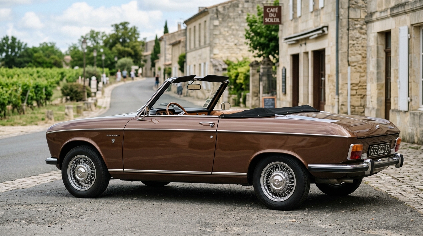 Vue de côté d'une Peugeot 204 Cabriolet marron de 1966-1970 illustrant sa ligne de carrosserie intemporelle.