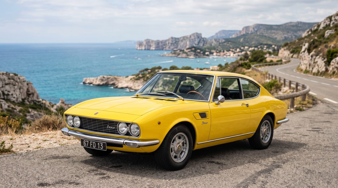 Fiat Dino Coupé 1967 vue avant Fiat Dino Coupé 1967 jaune, vue trois quarts avant montrant le design signé Bertone sur une route française.