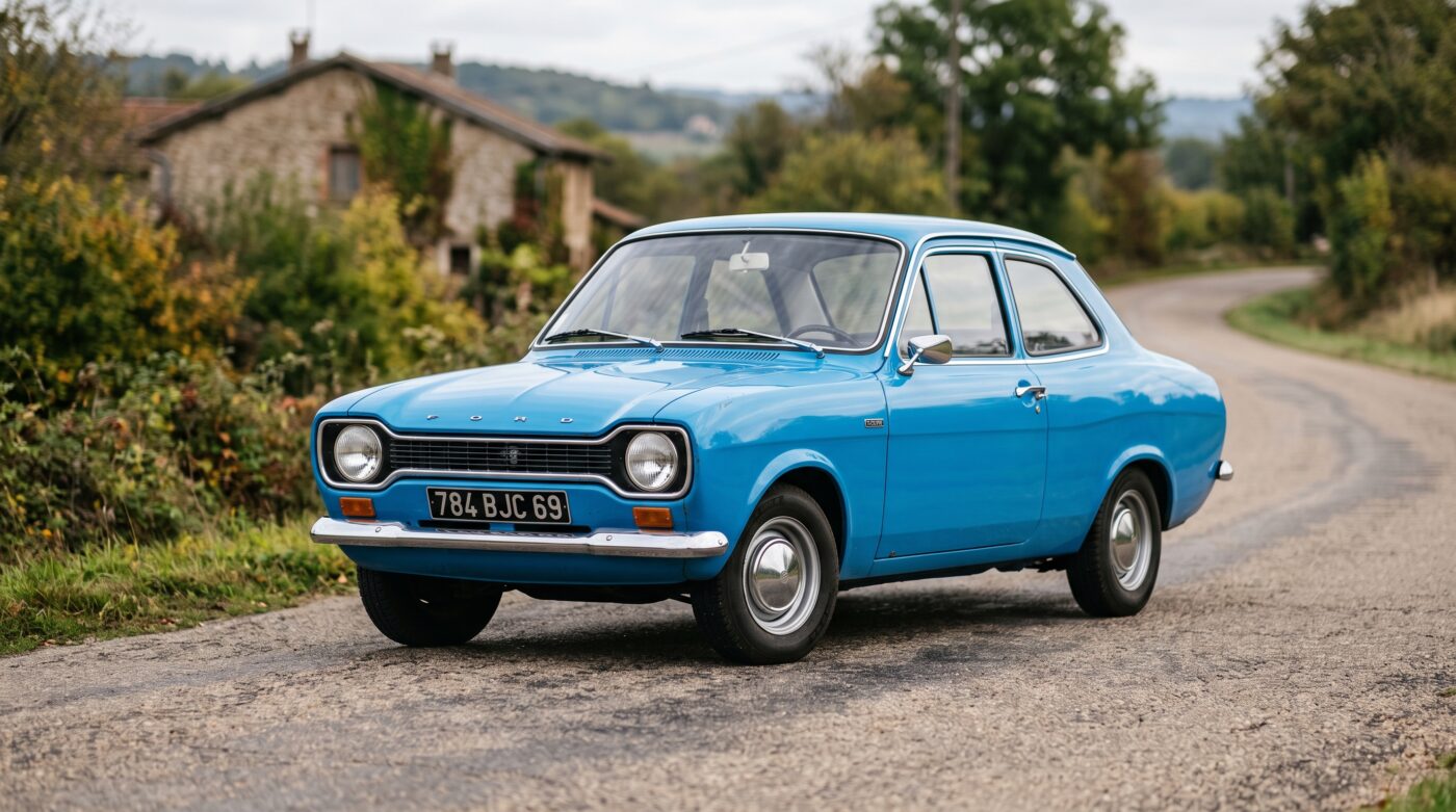 Ford Escort Mk1 1968 bleue vue de trois quarts avant sur une route goudronnée avec un éclairage naturel.