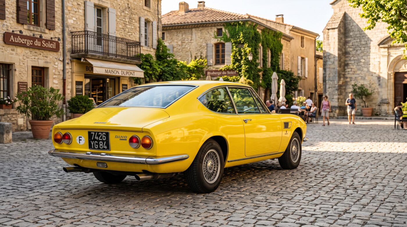 Fiat Dino Coupé 1967 vue arrière Vue trois quarts arrière de la Fiat Dino Coupé jaune de 1967 garée dans un village typique français.