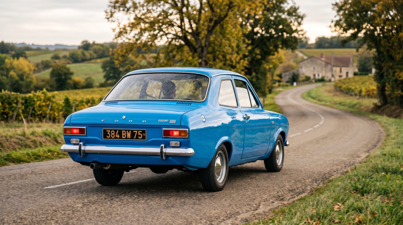 Ford Escort Mk1 1968 bleue vue de trois quarts arrière soulignant les lignes et les optiques d'origine.