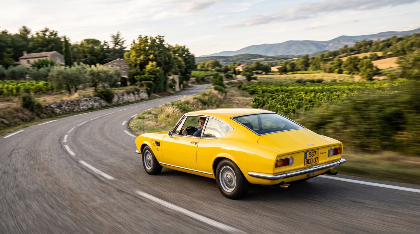 Fiat Dino Coupé 1967 en mouvement Fiat Dino Coupé 1967 jaune en plein essai routier sur une route de campagne française ensoleillée.