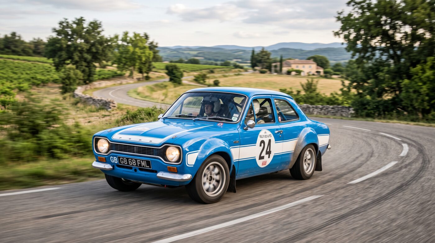 Ford Escort Mk1 1968 bleue en plein essai routier sur une route de campagne française.