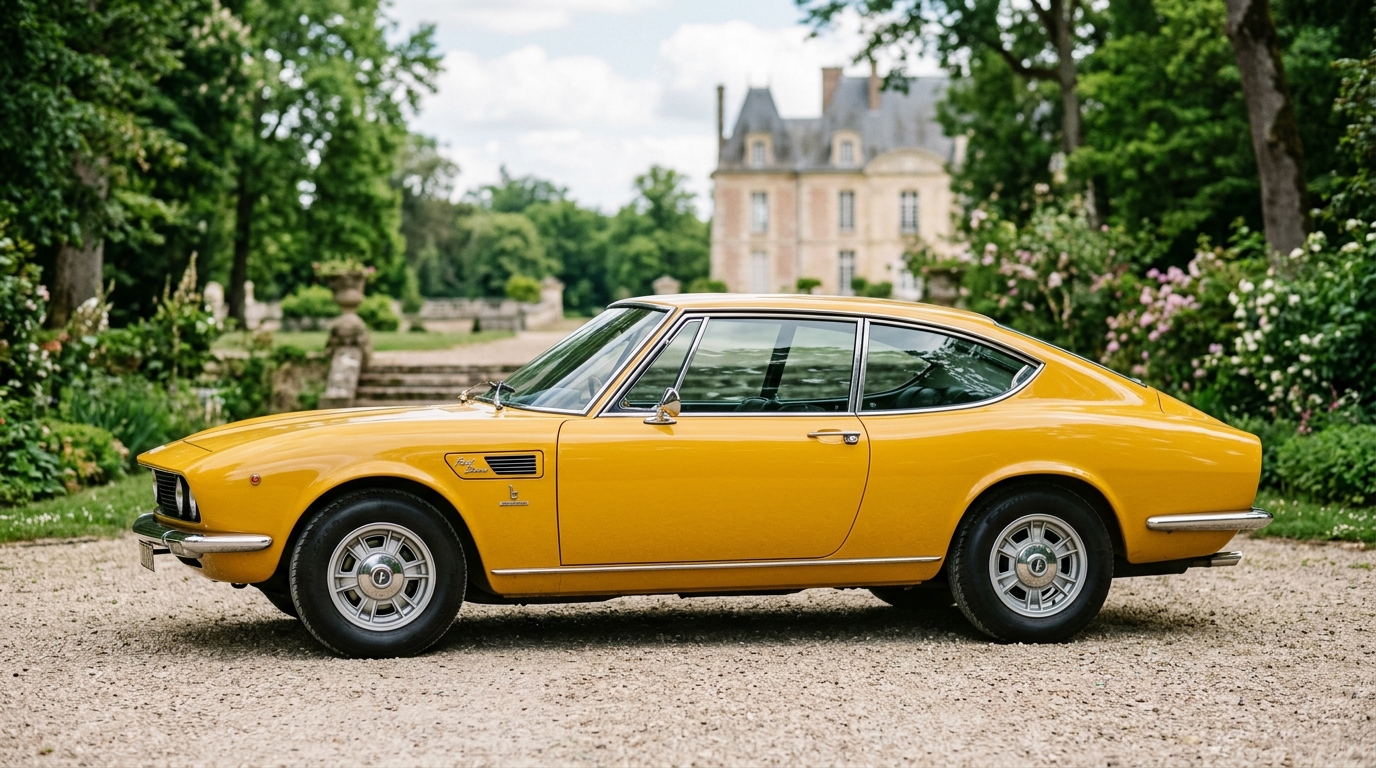 Profil Fiat Dino Coupé 1967 Profil latéral de la Fiat Dino Coupé 1967 jaune mettant en avant les lignes élégantes du design Bertone.