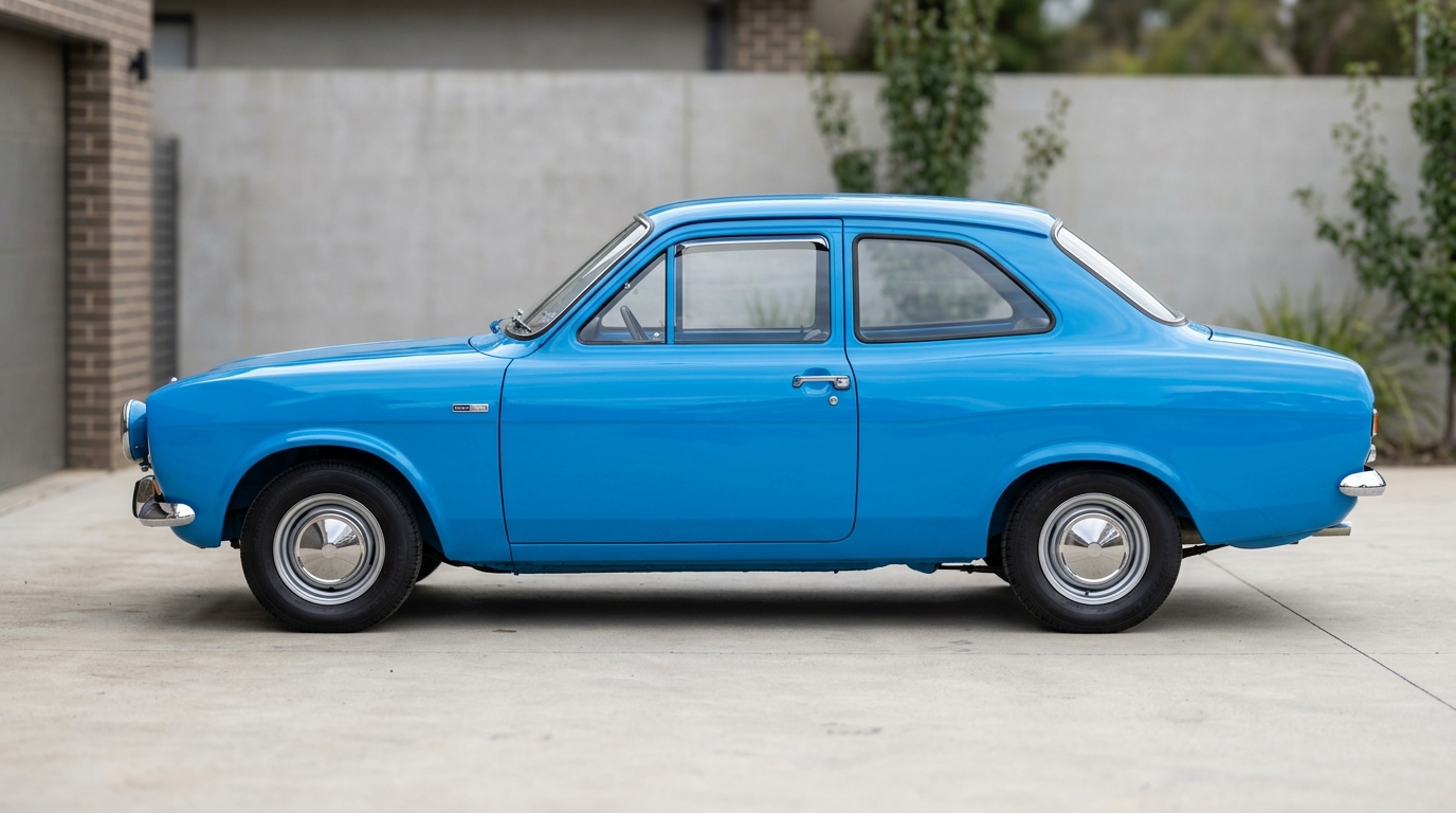 Ford Escort Mk1 1968 bleue vue de profil mettant en valeur la silhouette classique de la berline.