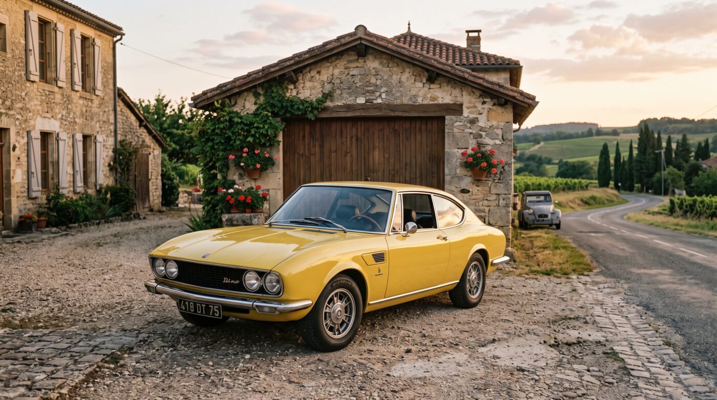 Héritage Fiat Dino Coupé La Fiat Dino Coupé 1967 jaune garée devant un décor historique rappelant son héritage automobile.