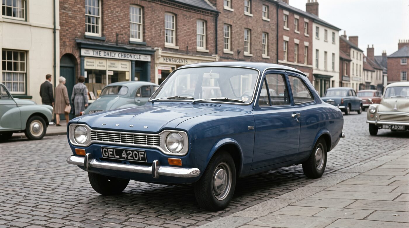 Détails emblématiques des optiques arrière d'une Ford Escort Mk1 1968 bleue.