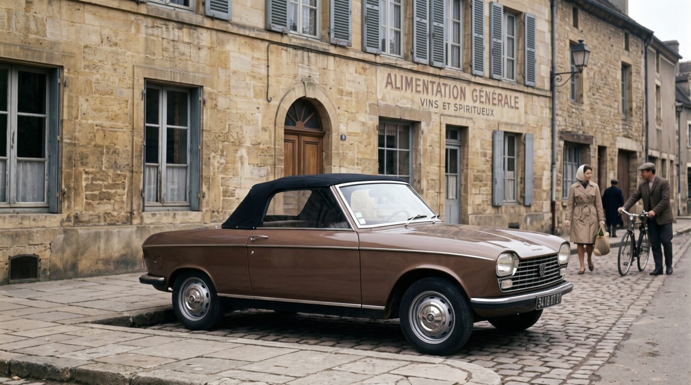 Peugeot 204 Cabriolet marron dans un décor rappelant son histoire et son héritage automobile.