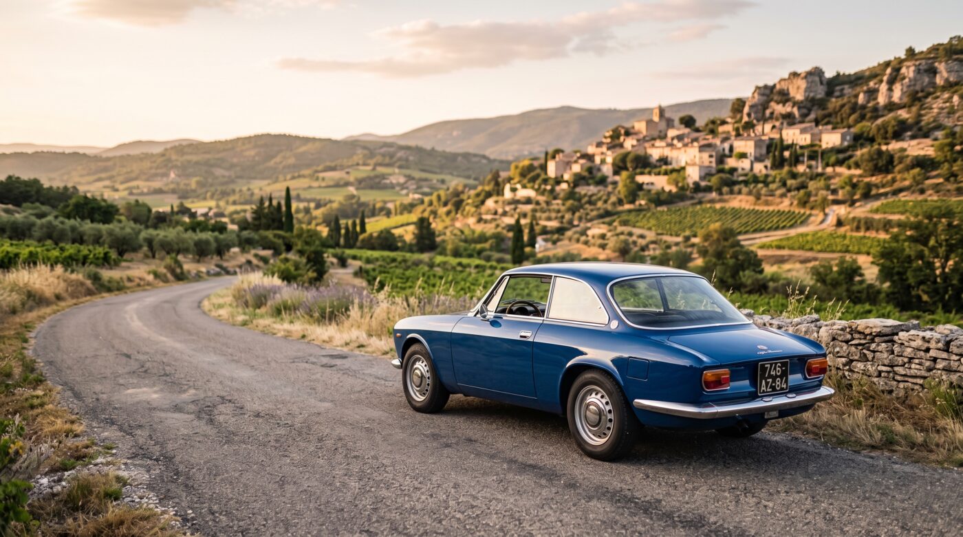Voiture de collection emblématique sur une route de campagne française, parfaite pour illustrer un guide d'achat sur LeBonCoin.