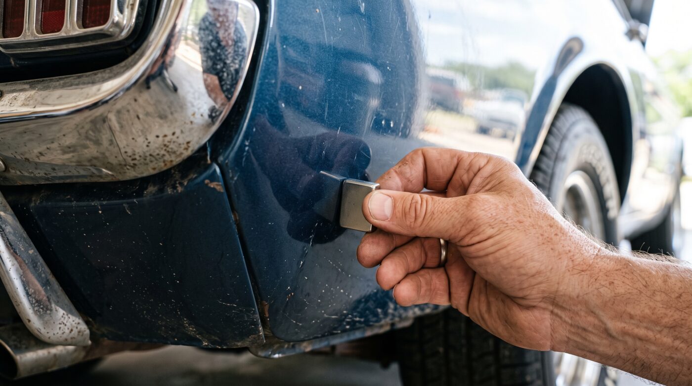 Inspection rigoureuse d'une carrosserie de voiture ancienne avec un aimant pour détecter la présence de mastic ou de corrosion.