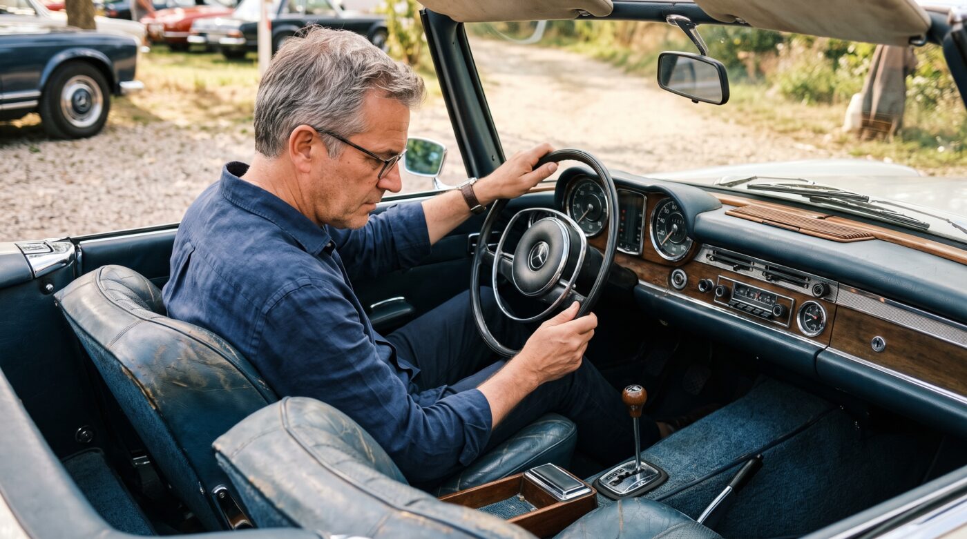 Un passionné examine l'intérieur et le compteur d'une voiture de collection lors d'une visite pour un achat sur LeBonCoin.