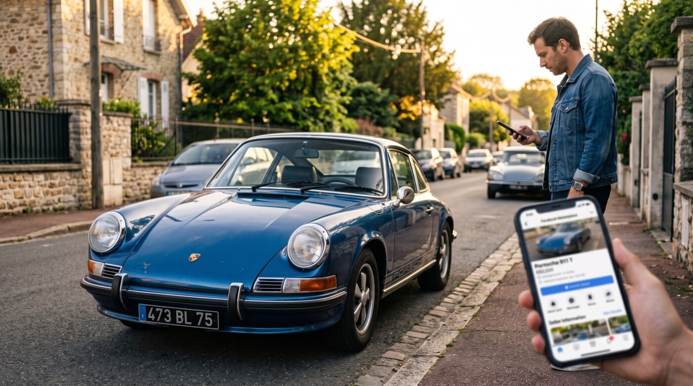 Acheteur examinant une voiture de collection ancienne sur Facebook Marketplace dans une rue en France.