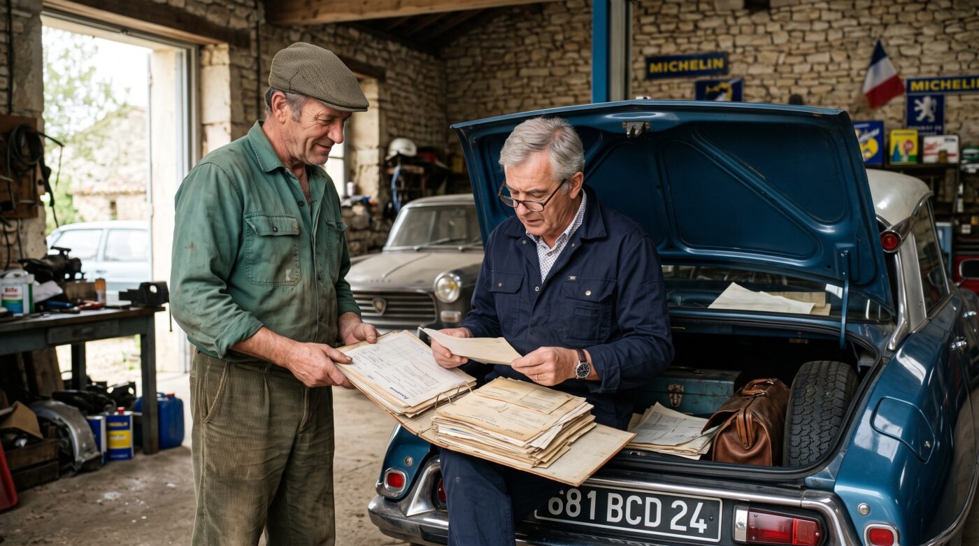 Analyse rigoureuse de l'historique et des factures d'entretien lors d'une transaction de voiture ancienne.