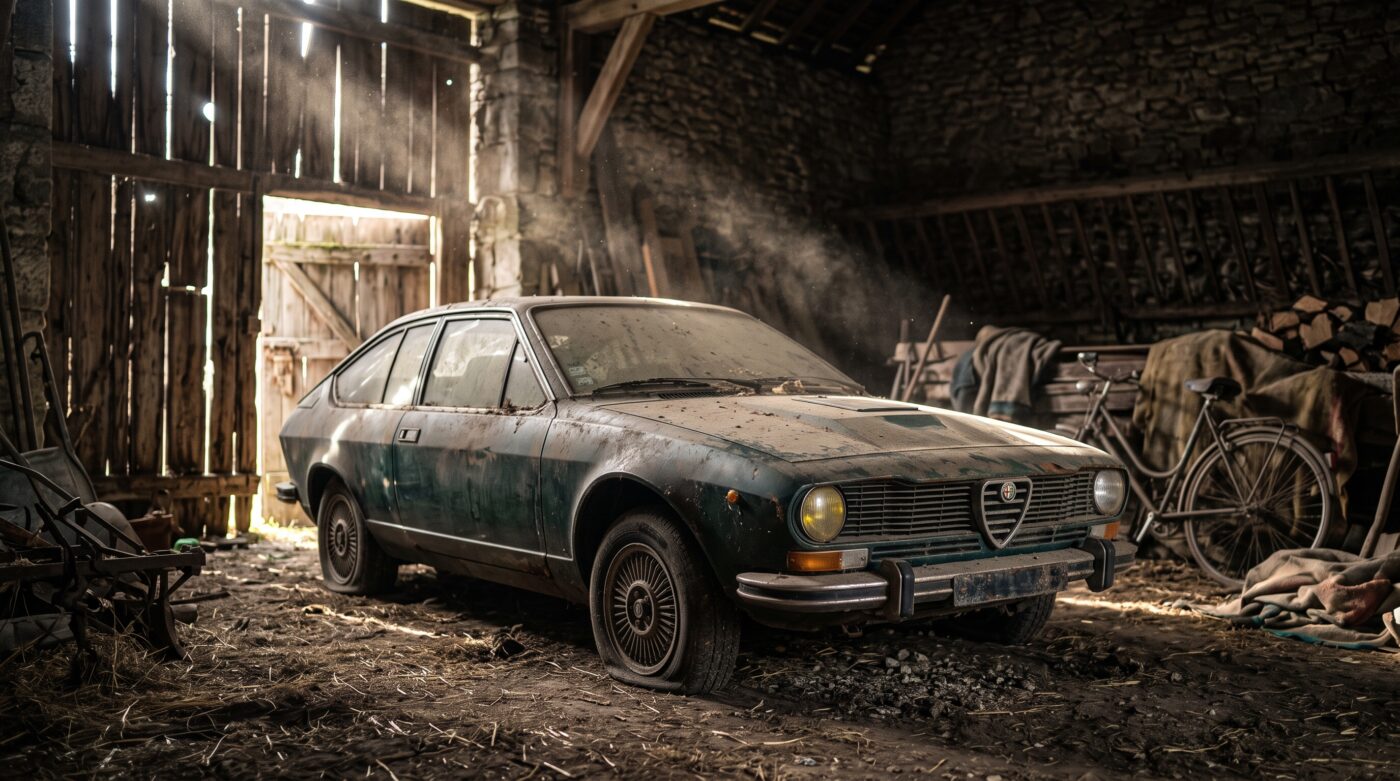 Achat d'une ancienne sans CT Voiture de collection ancienne oubliée dans une grange, parfaite illustration d'un achat sans contrôle technique récent.