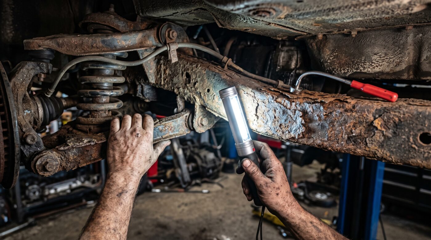 Inspection des points critiques Inspection minutieuse du châssis et des longerons d'une voiture ancienne pour déceler la corrosion perforante.