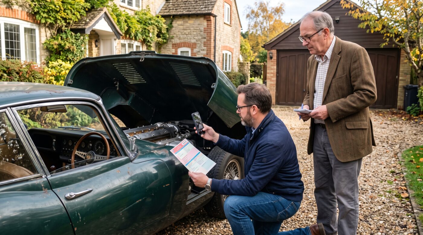 Vérification des papiers Acheteur examinant le numéro de série d'une voiture de collection et ses papiers avant de conclure la transaction.