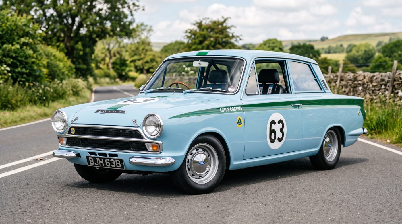 Ford Lotus Cortina 1963 : Vue avant Ford Lotus Cortina 1963 bleu clair, vue de trois quarts avant mettant en valeur sa silhouette sportive classique.