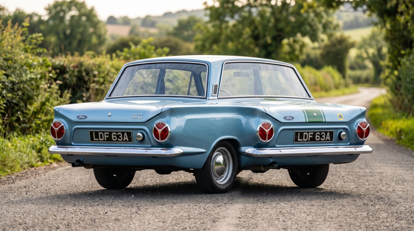 Vue de trois quarts arrière de la Ford Lotus Cortina 1963 bleu clair, montrant ses lignes authentiques.