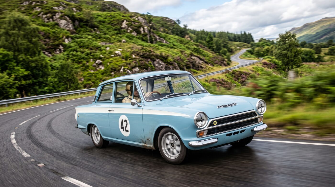 Ford Lotus Cortina 1963 : Essai routier Ford Lotus Cortina 1963 bleu clair en plein essai routier sur une route sinueuse, photographie dynamique.