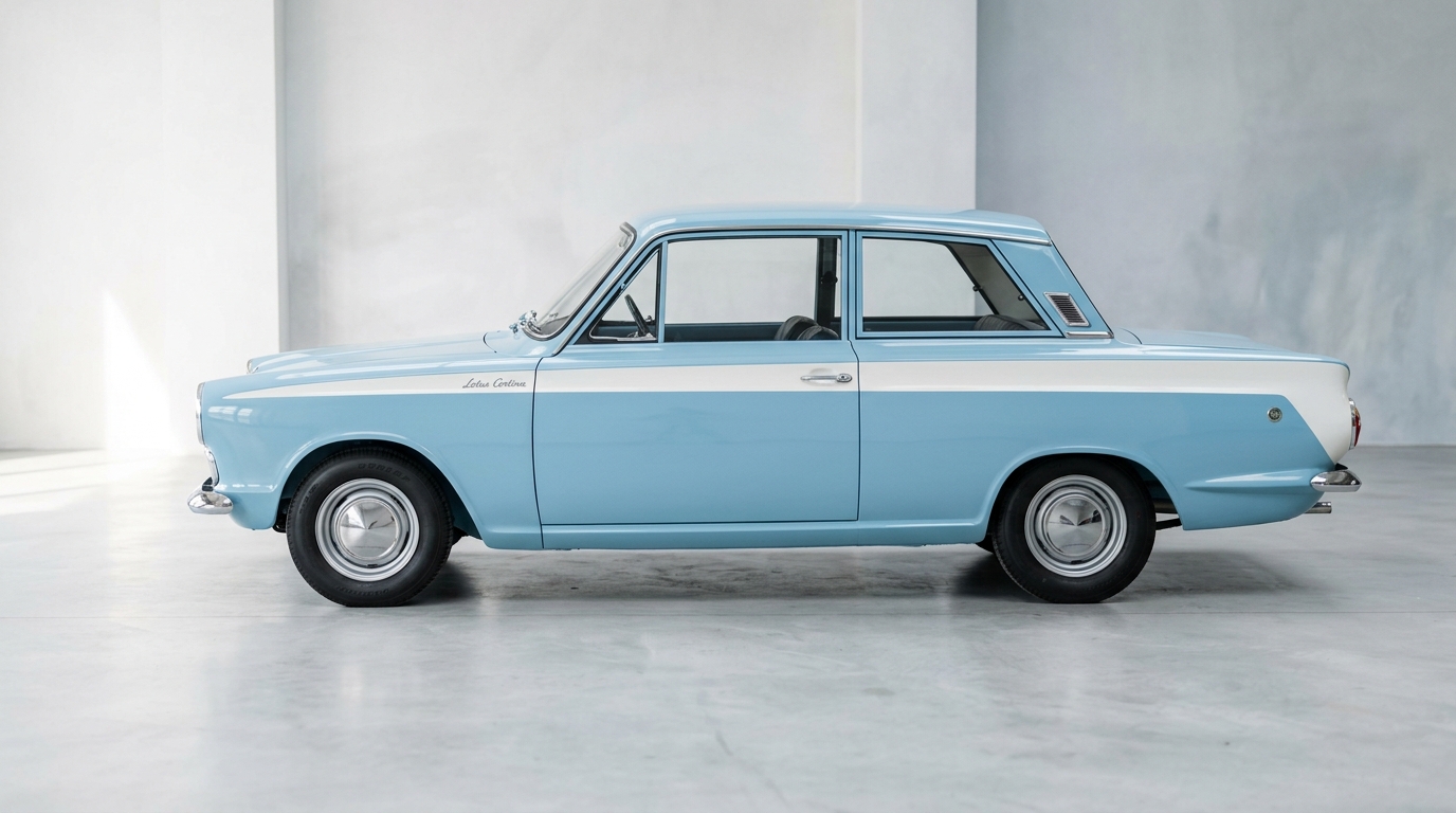 Ford Lotus Cortina 1963 : Vue latérale Vue latérale de la Ford Lotus Cortina 1963 bleu clair, mettant en évidence son profil de berline sportive.