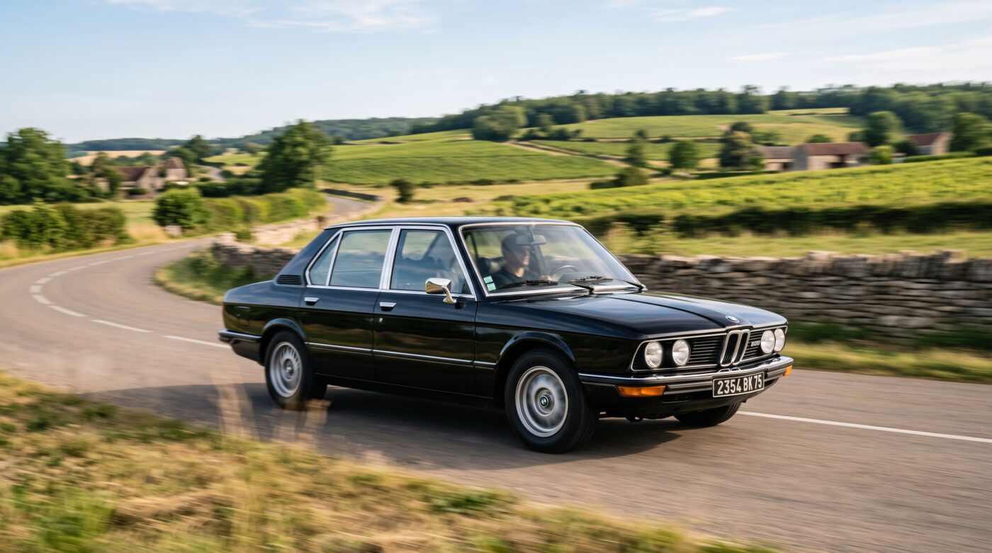 Essai routier d'une BMW E12 noire de 1972 roulant sur une route de campagne pittoresque.