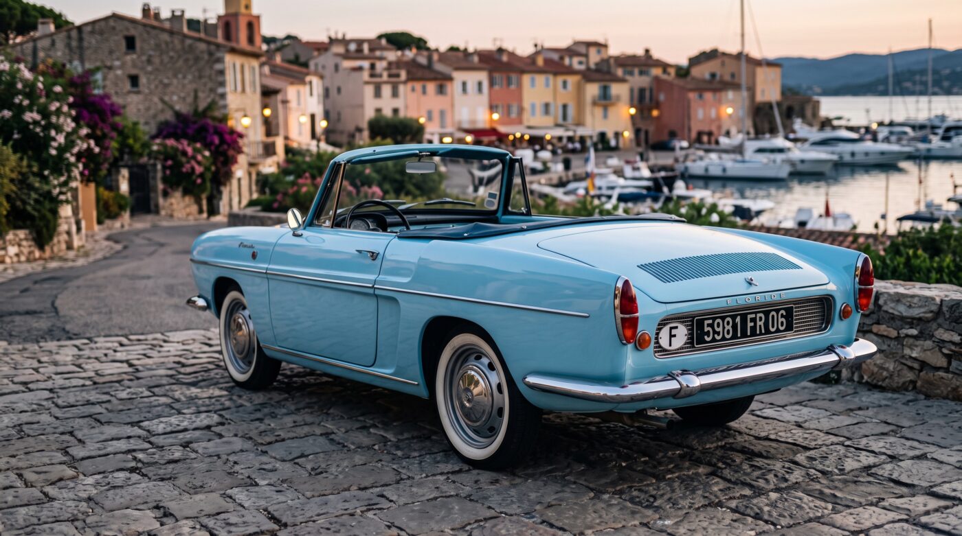 Vue trois quarts arrière de la Renault Floride 1959 bleu clair, mettant en avant la ligne élégante et les feux arrière d'époque.