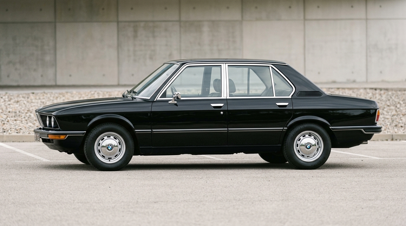 Profil latéral complet d'une BMW E12 noire de 1972 soulignant ses proportions équilibrées.