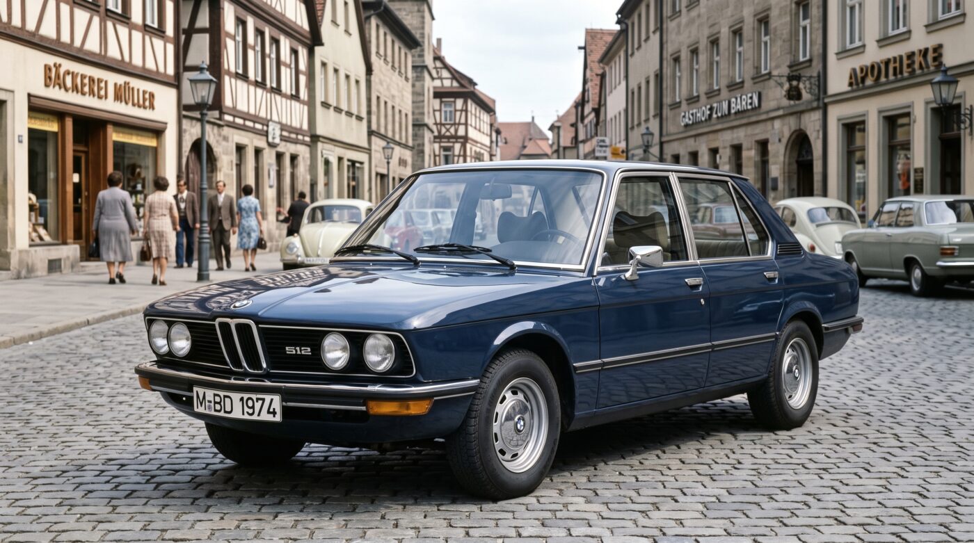 Détail de l'emblème et de la calandre d'une BMW E12 historique de 1972.