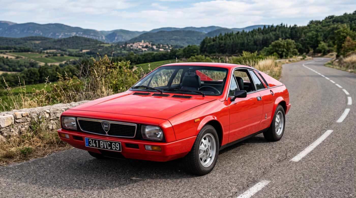 Lancia Beta Montecarlo : vue de face Lancia Beta Montecarlo rouge vue de trois quarts avant sur une route ensoleillée, état d'origine impeccable.