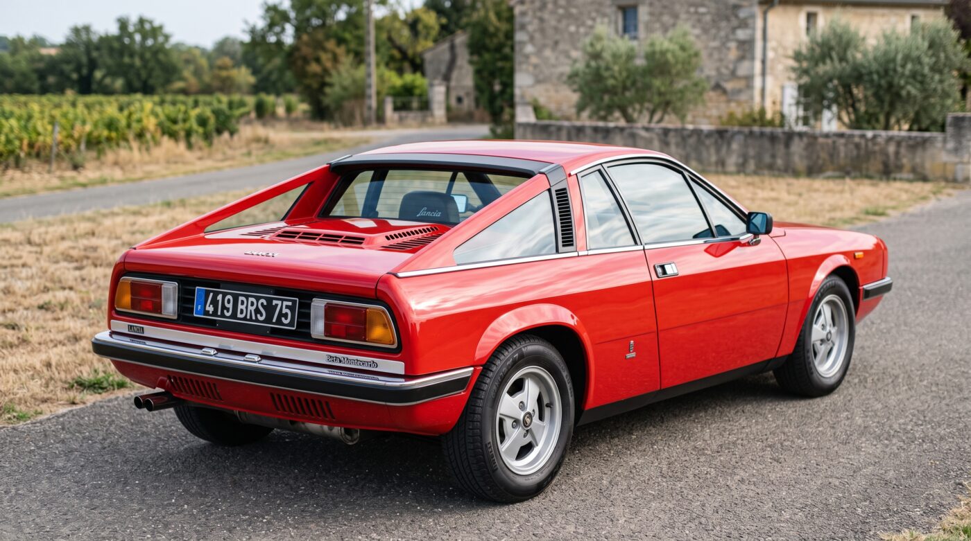 Lancia Beta Montecarlo : vue arrière Vue de trois quarts arrière d'une Lancia Beta Montecarlo rouge, mise en valeur des lignes iconiques.