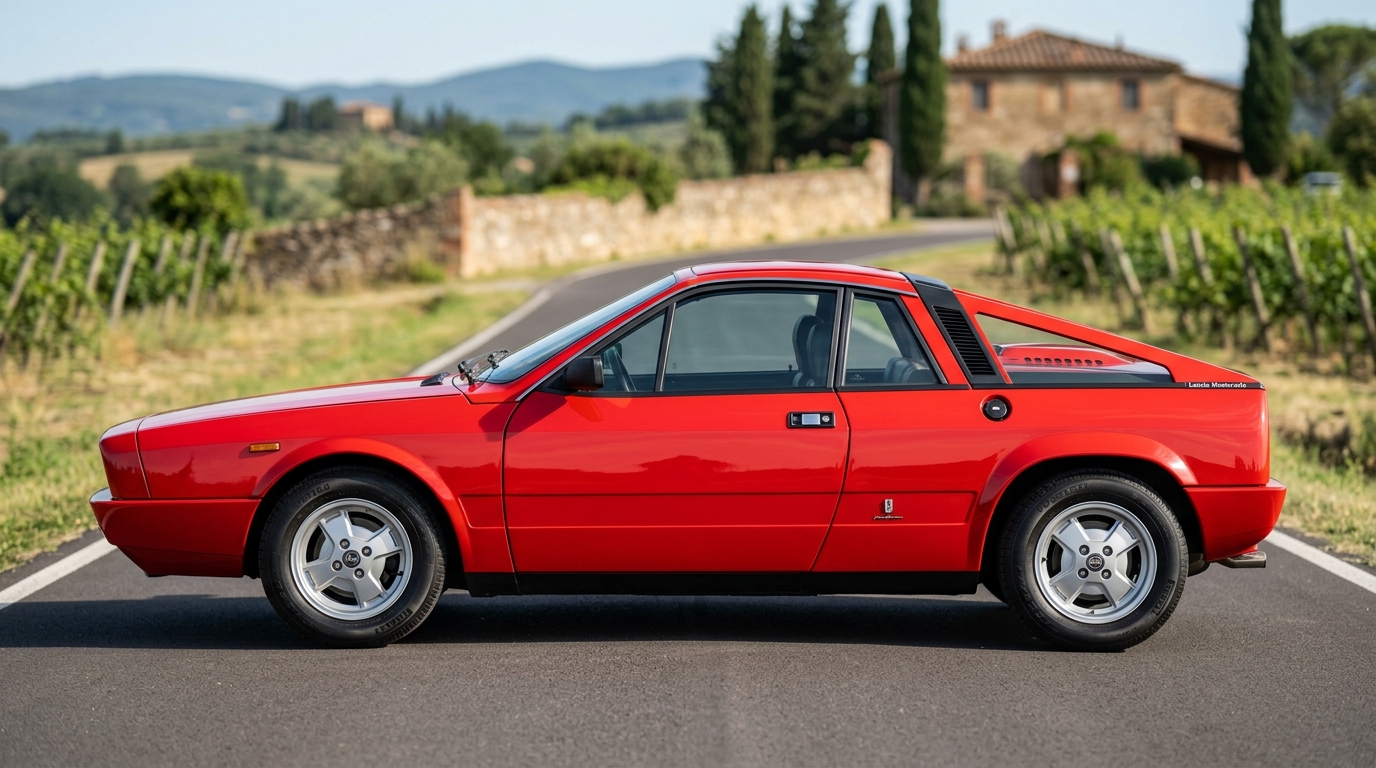 Lancia Beta Montecarlo : profil Profil latéral d'une Lancia Beta Montecarlo rouge soulignant la silhouette en coin caractéristique.