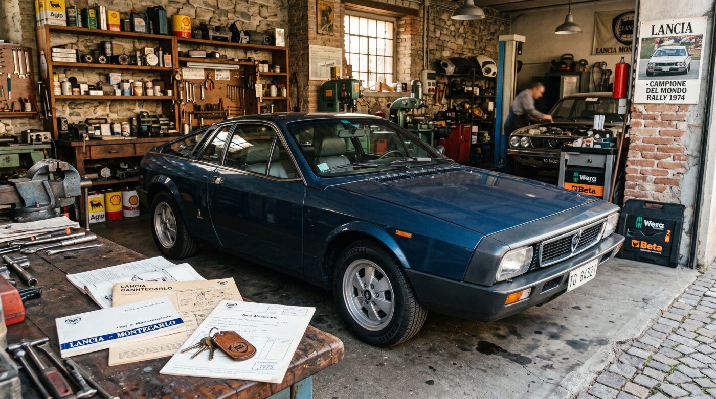 Historique Lancia Beta Montecarlo Mise en scène historique pour le dossier de suivi d'une Lancia Beta Montecarlo rouge de collection.