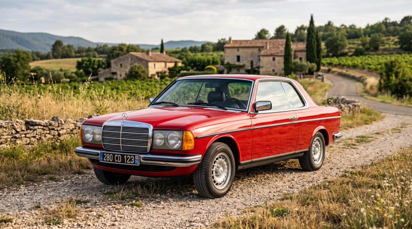 Mercedes C123 Coupé rouge millésime 1980 en vue de trois quarts avant stationnée dans un paysage français.