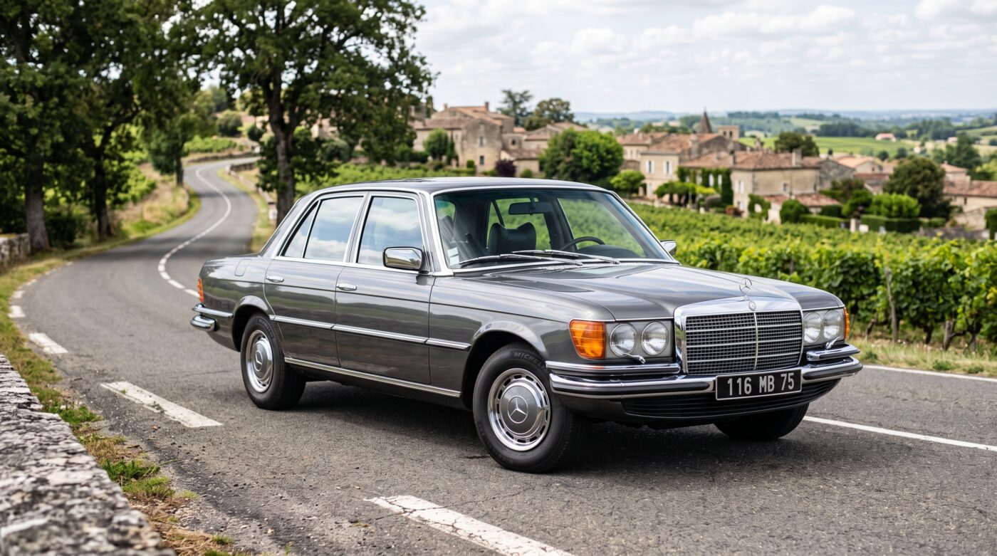 Vue de trois quarts avant d'une Mercedes-Benz W116 grise millésime 1975 avec ses détails chromés iconiques.