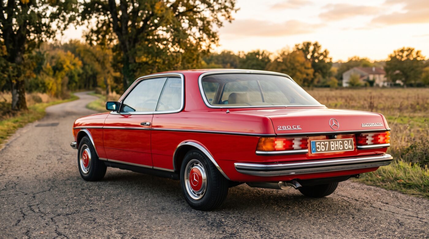 Mercedes C123 Coupé rouge vue de trois quarts arrière soulignant le design iconique du coupé allemand.