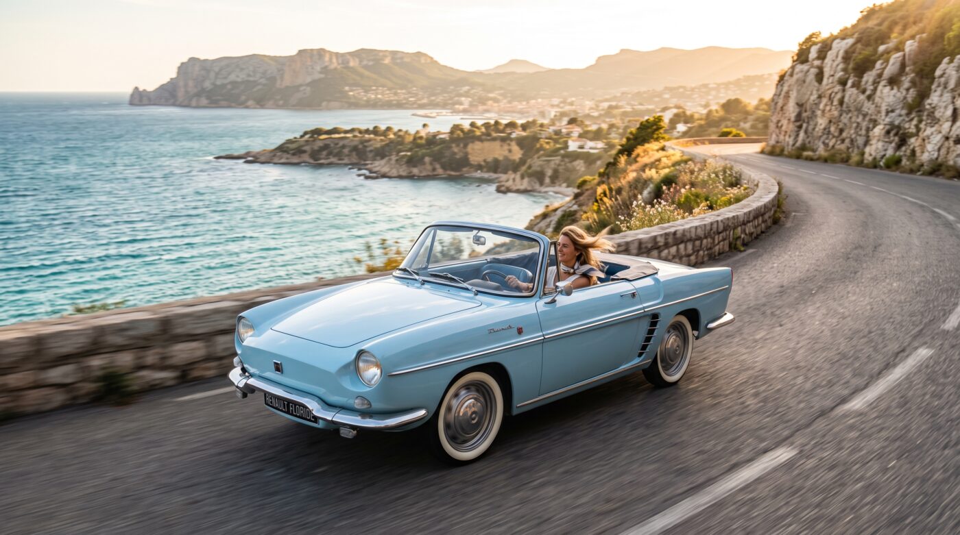  Essai routier d'une Renault Floride 1959 bleu clair circulant sur une route côtière, capturée avec réalisme en pleine action.